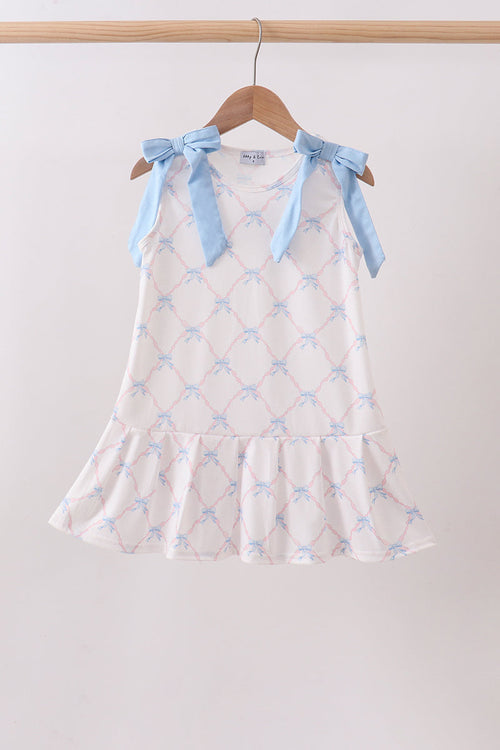 Blue bow ribbon print dress