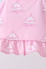 Pink sailboat print ruffle 2pc swimsuit