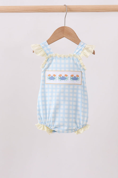 Yellow crab smocked gingham ruffle bubble