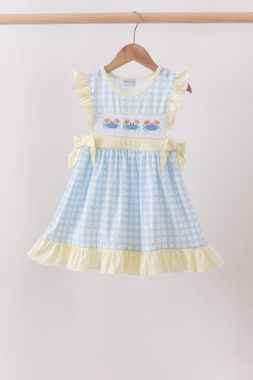 Yellow crab smocked gingham ruffle dress