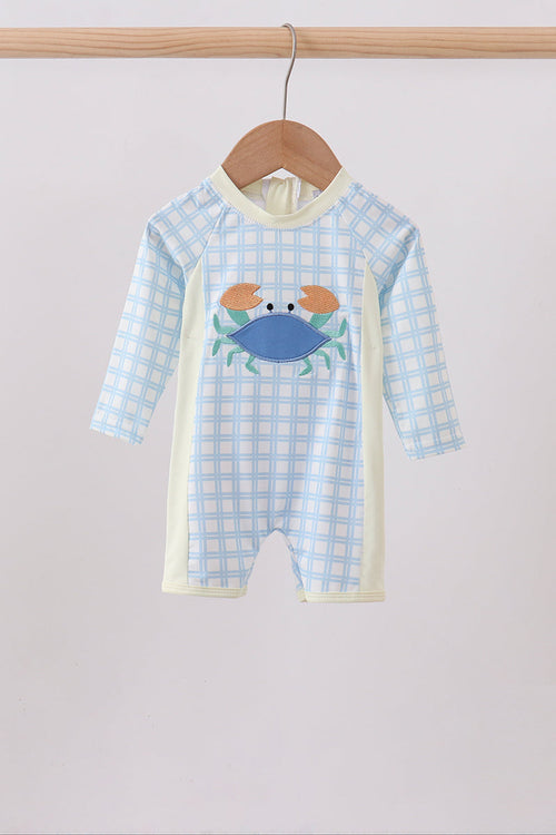 Blue crab applique plaid one-piece swimsuit