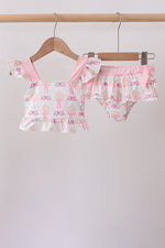 Pink bow castle ruffle 2pc swimsuit