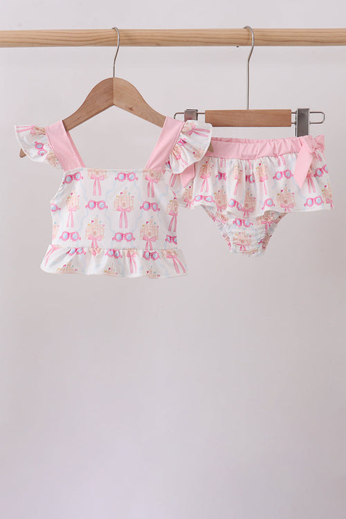 Pink bow castle ruffle 2pc swimsuit