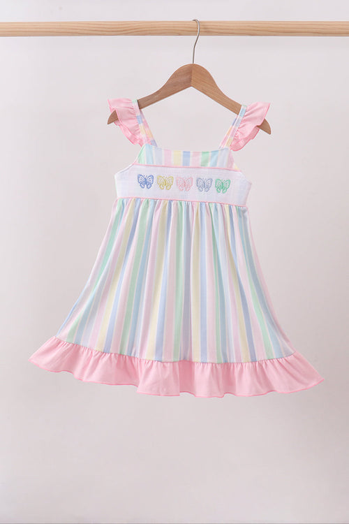 Rainbow stripe butterfly smocked ruffle dress