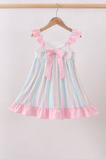 Rainbow stripe butterfly smocked ruffle dress