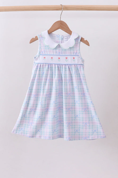 Blue plaid bow floral dress