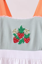 Sage strawberry embroidery ruffle dress