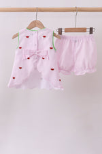 Pink stripe watermelon embroidery seersucker shorts set