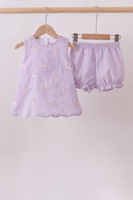 Purple seersucker butterfly embroidery shorts set